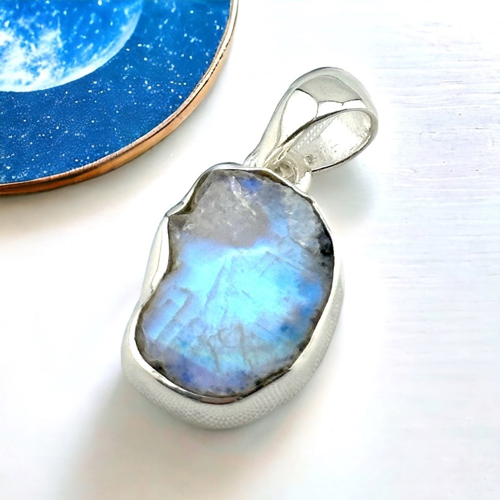 Rainbow Moonstone Raw & Black Tourmaline Sterling Silver Gemstone Pendant